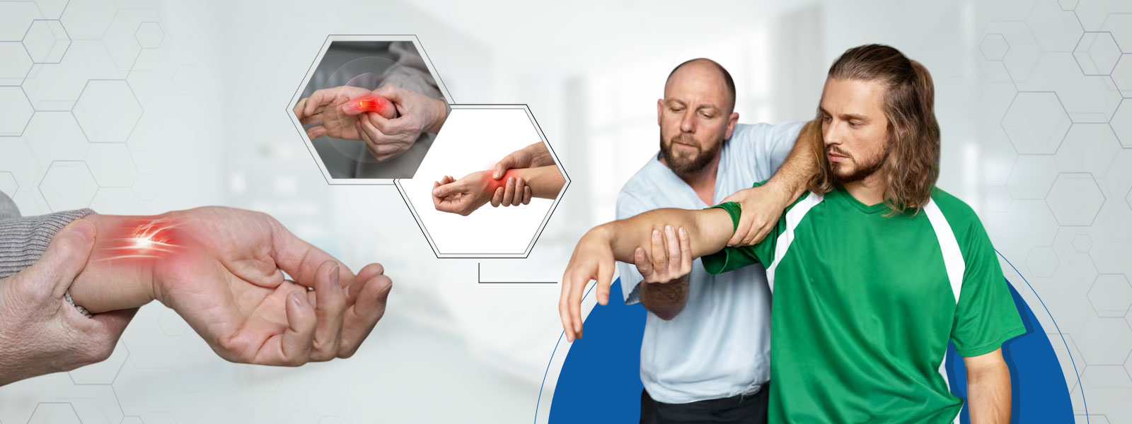 A physiotherapist guides a young man with elbow pain, focusing on the affected joint highlighted in red across the scene.